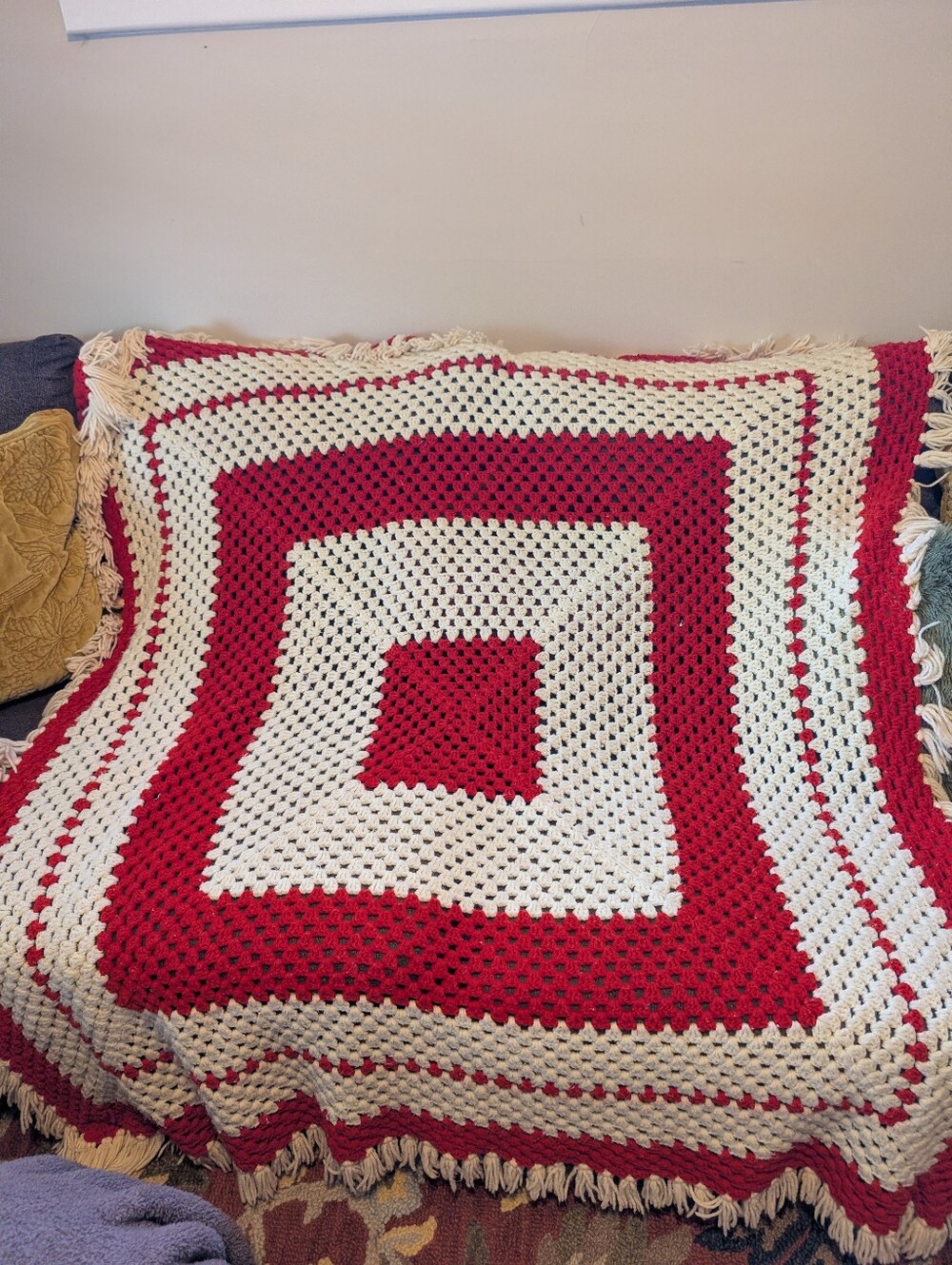 Vintage Handmade Crochet Granny Square Afghan Throw Blanket Red Ivory Tassel